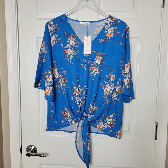 Womens Large Tie Front Chiffon Blouse V Neck Blue Floral 3/4 Sleeves - Picture 1 of 10